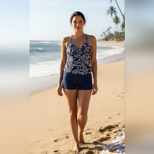 Lands End Navy and White Floral Leaf Tankini Swim Top 8 Vacation Beach Resort
